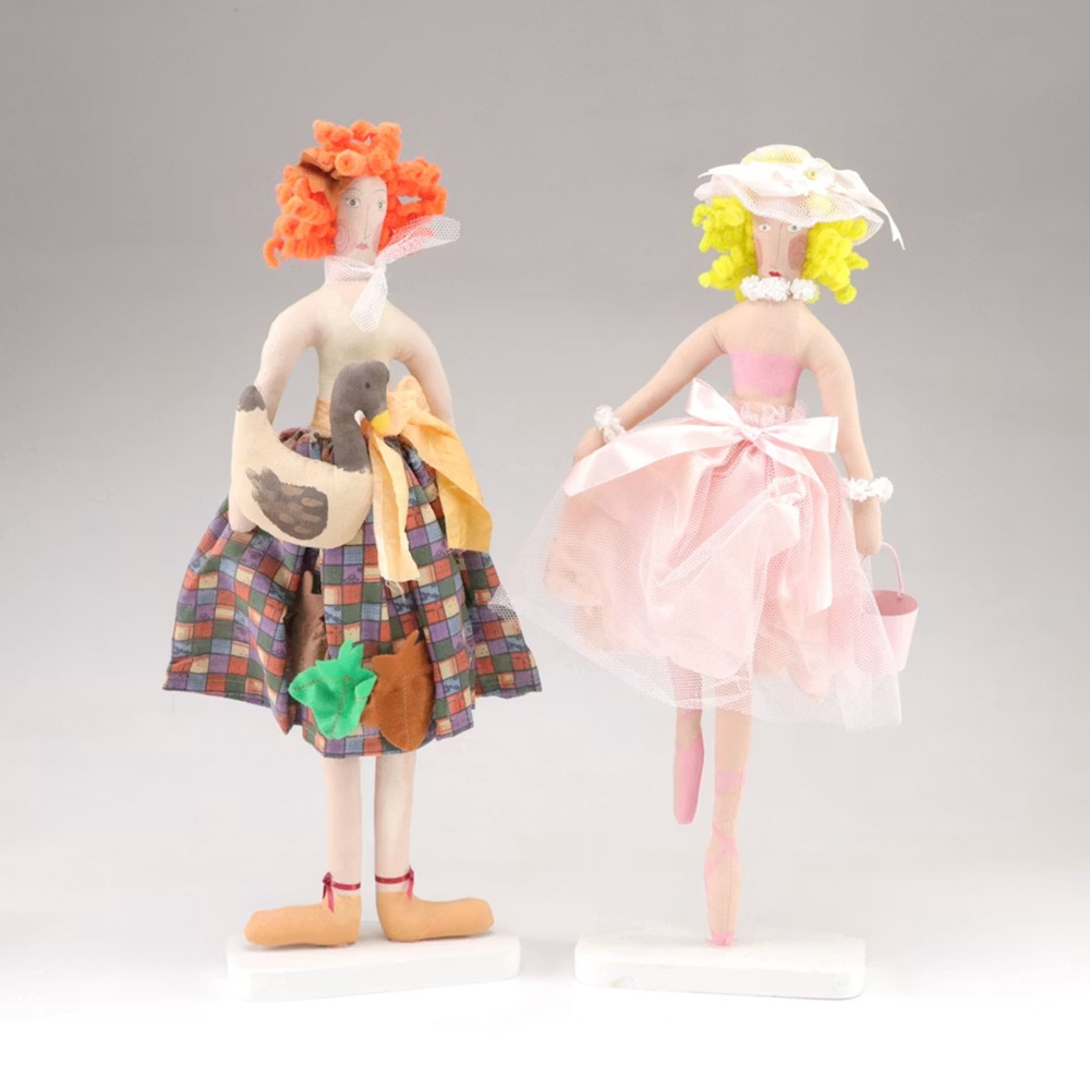 Vintage 20” Handmade Cloth Art Doll Pair Folk Art Country Ballerina Goose